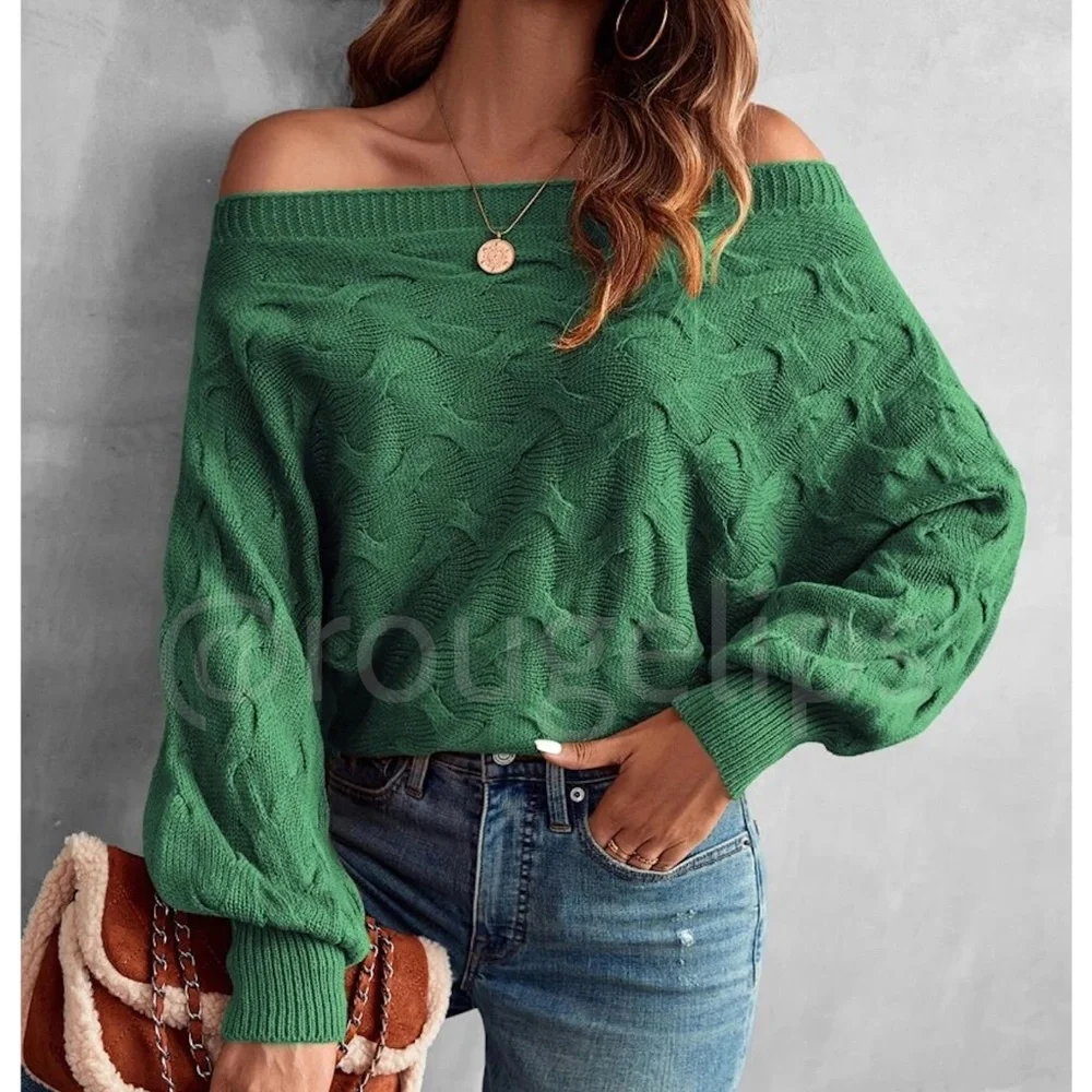 Off the Shoulder Batwing Sleeve Forrest Green Knit Sweater Pullover - Picture 1 of 8